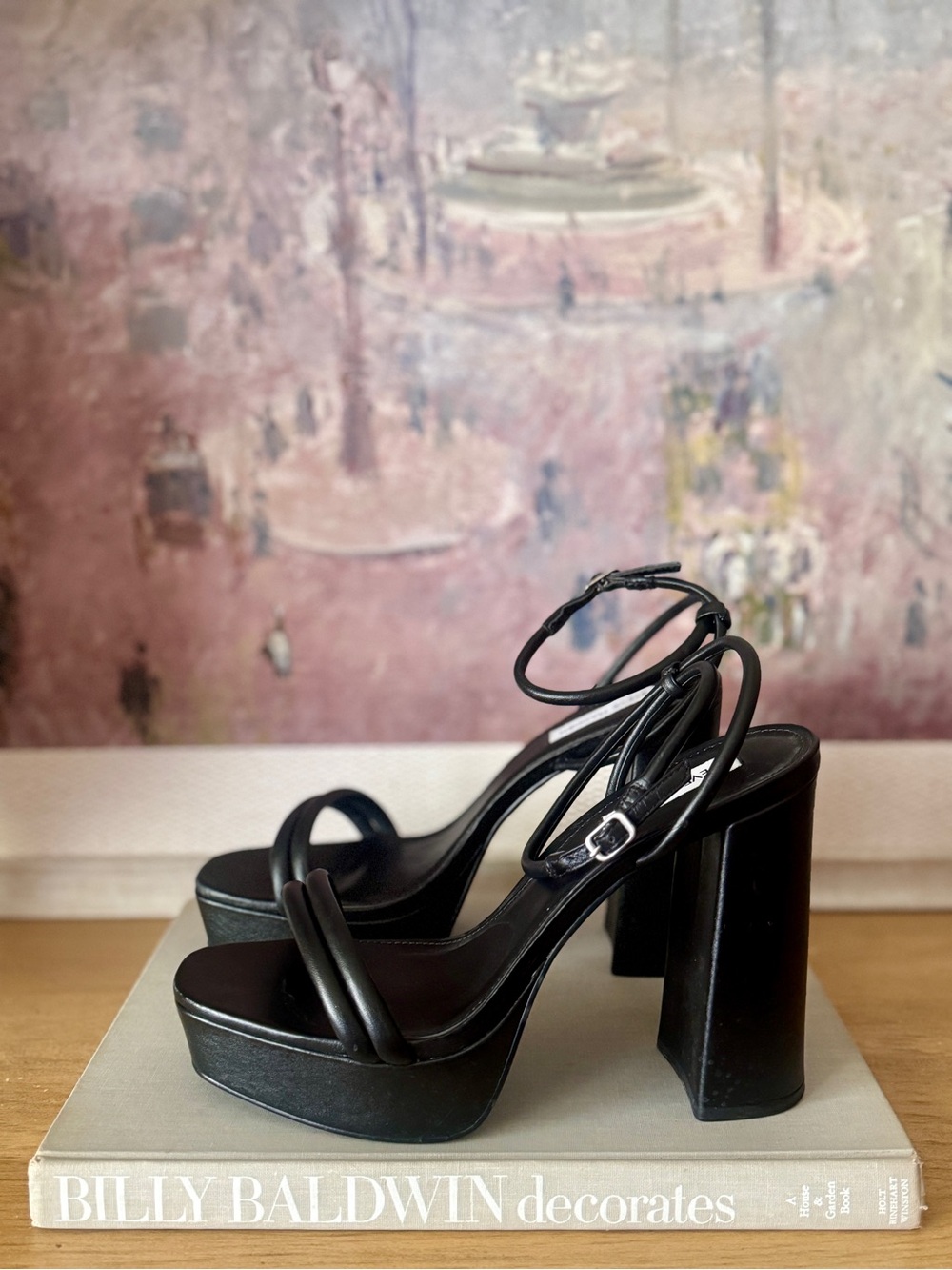 Steve Madden Black Leather Strappy Platform Block Heel Sandals - Size 9 - Picture 3 of 7